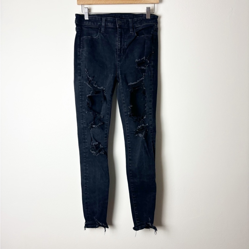 AMERICAN EAGLE •Women’s Next Level Stretch Hi Rise Jegging Black Distressed Sz 6